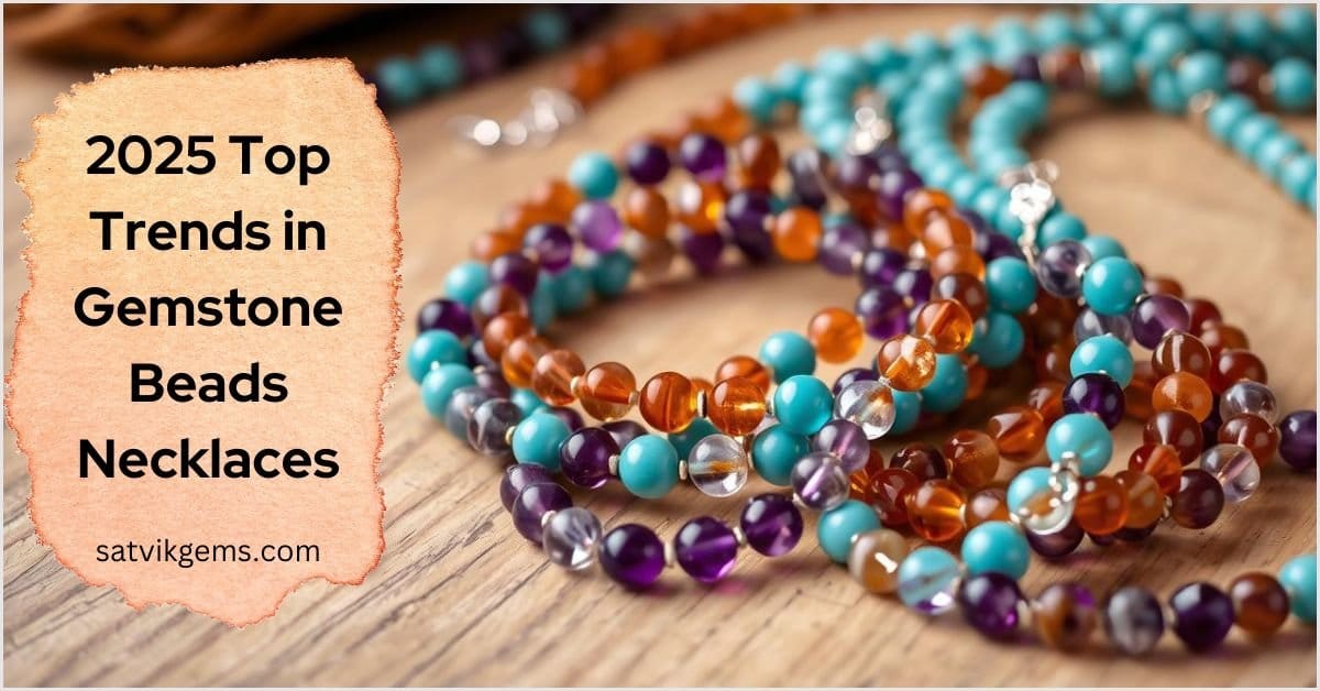 "An elegant display of gemstone beads necklaces featuring vibrant amethyst, turquoise, and citrine stones, intricately arranged on a wooden background, showcasing texture and shine. Include delicate silver clasps and a soft-focus ambiance. Inspired by the brand 'Satvik Gems'."