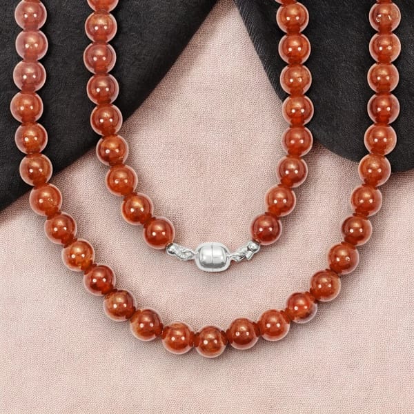 Hessonite Gomed Mala Necklace with Silver Clasp